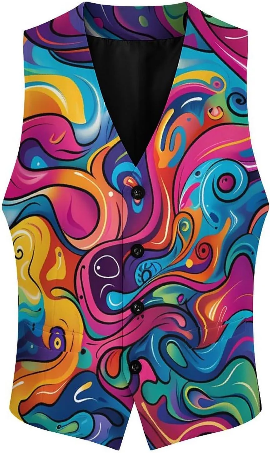 Psychedelic Colorful Pattern Suit Vest for Men Slim Fit Waistcoat Button Up V Neck Business Casual Dress Coat