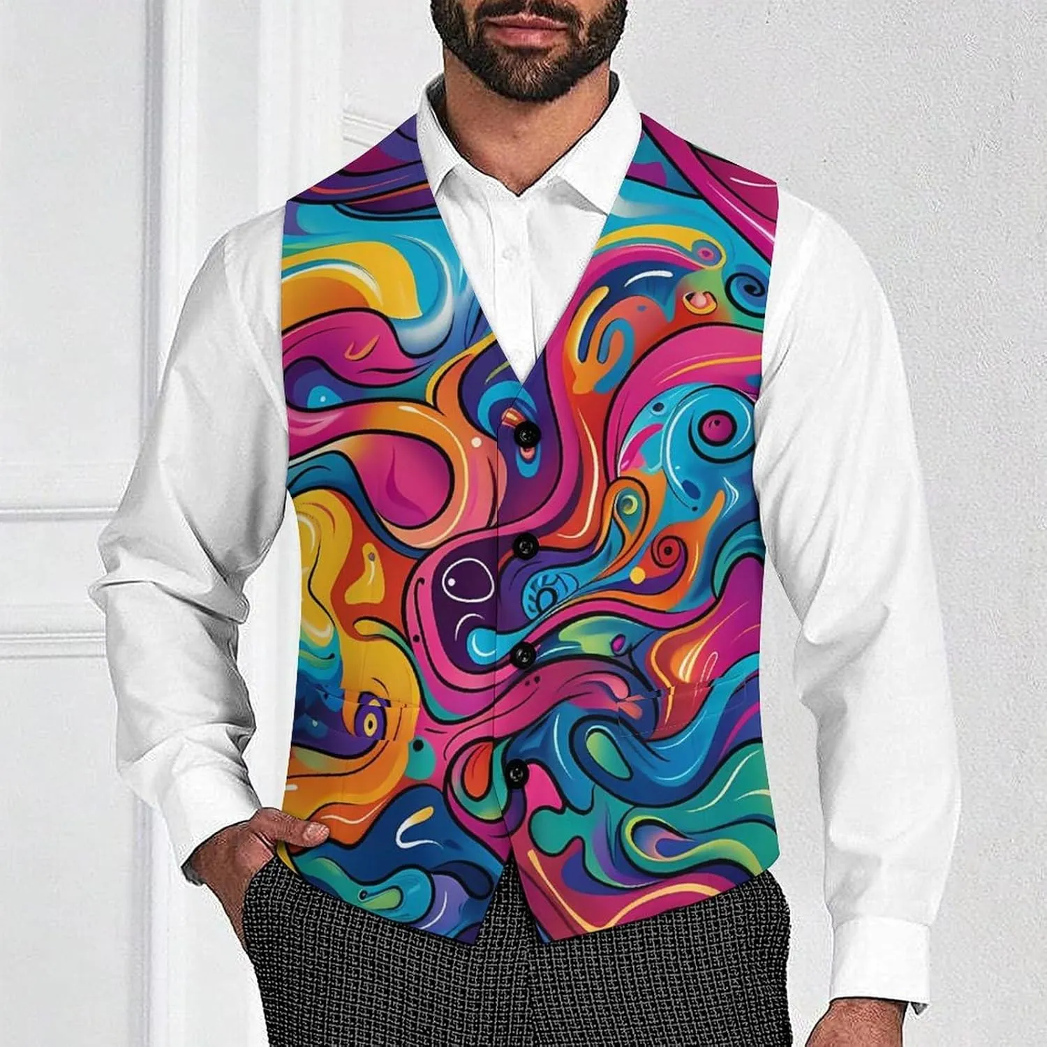 Psychedelic Colorful Pattern Suit Vest for Men Slim Fit Waistcoat Button Up V Neck Business Casual Dress Coat