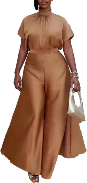 Ptorlio Elegant Women 2 Piece Outfit Satin Wide Leg Pants Short Sleeve Blouses Going Out Set