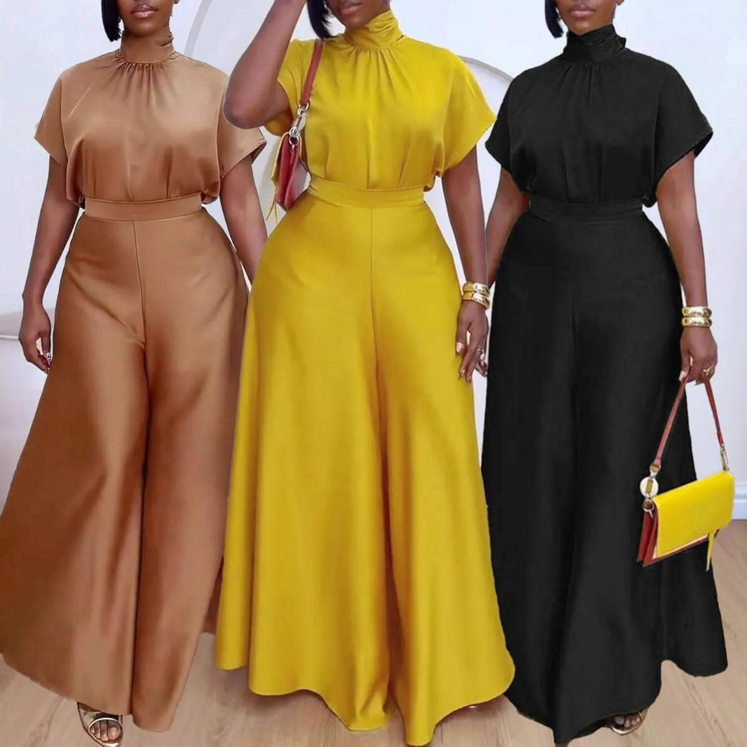 Ptorlio Elegant Women 2 Piece Outfit Satin Wide Leg Pants Short Sleeve Blouses Going Out Set