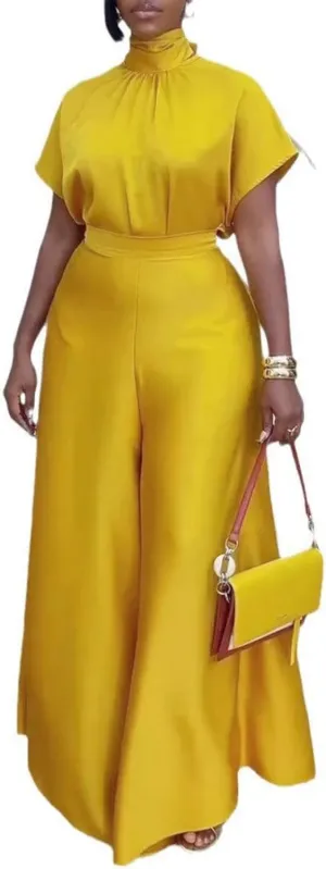 Ptorlio Elegant Women 2 Piece Outfit Satin Wide Leg Pants Short Sleeve Blouses Going Out Set