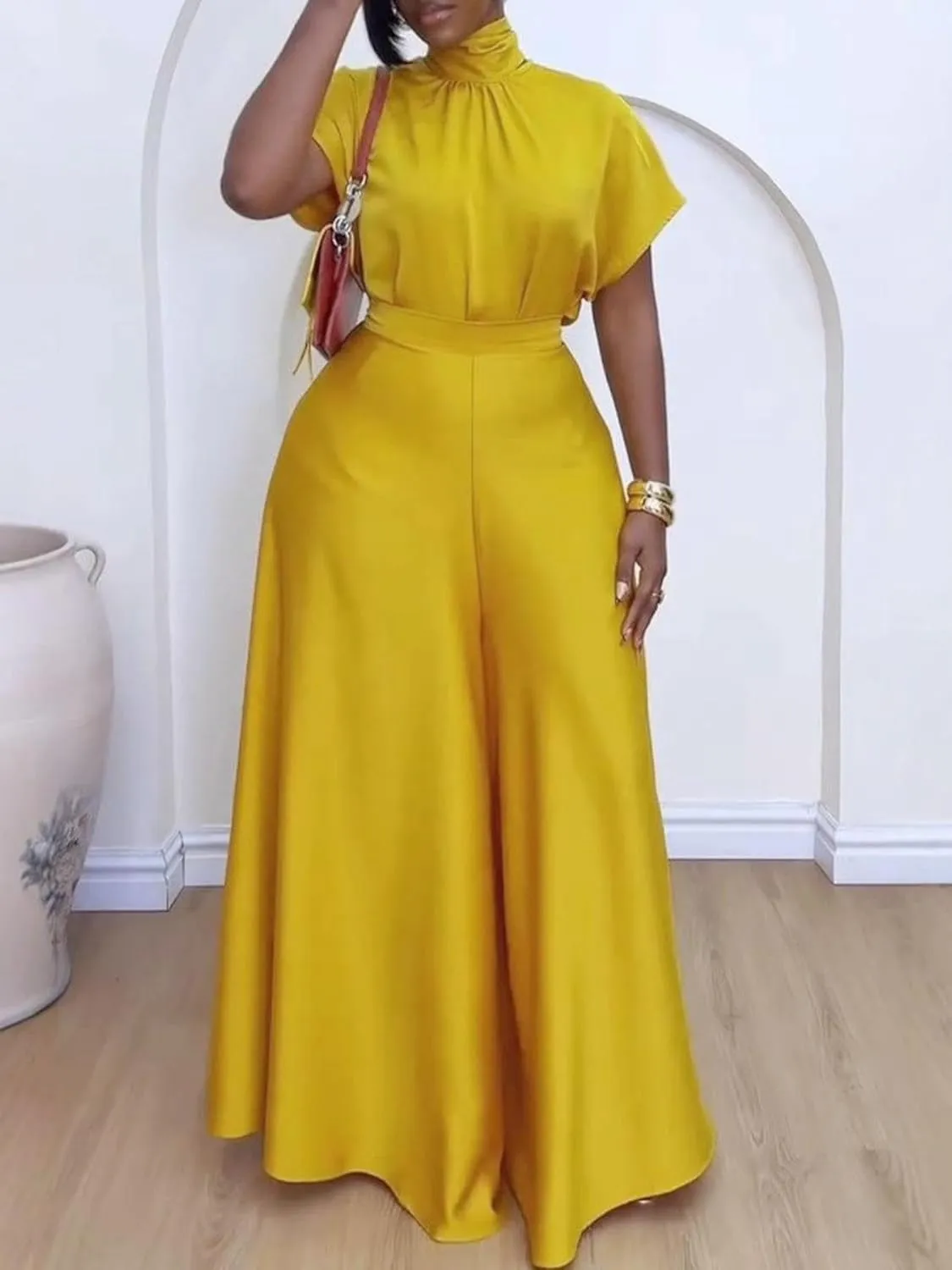 Ptorlio Elegant Women 2 Piece Outfit Satin Wide Leg Pants Short Sleeve Blouses Going Out Set