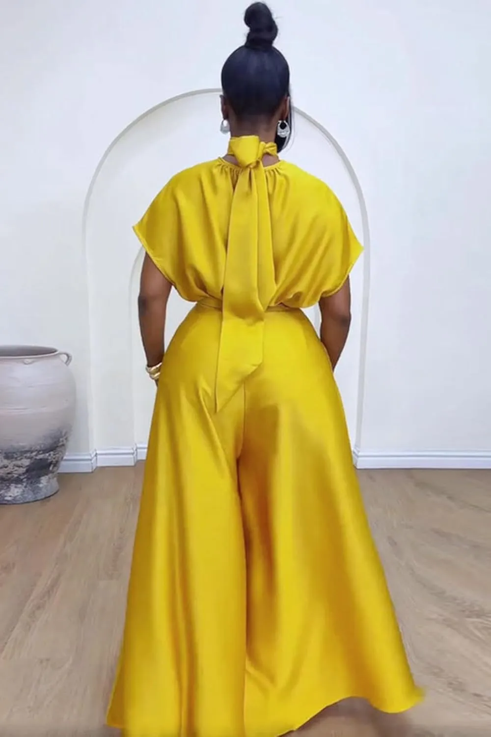 Ptorlio Elegant Women 2 Piece Outfit Satin Wide Leg Pants Short Sleeve Blouses Going Out Set