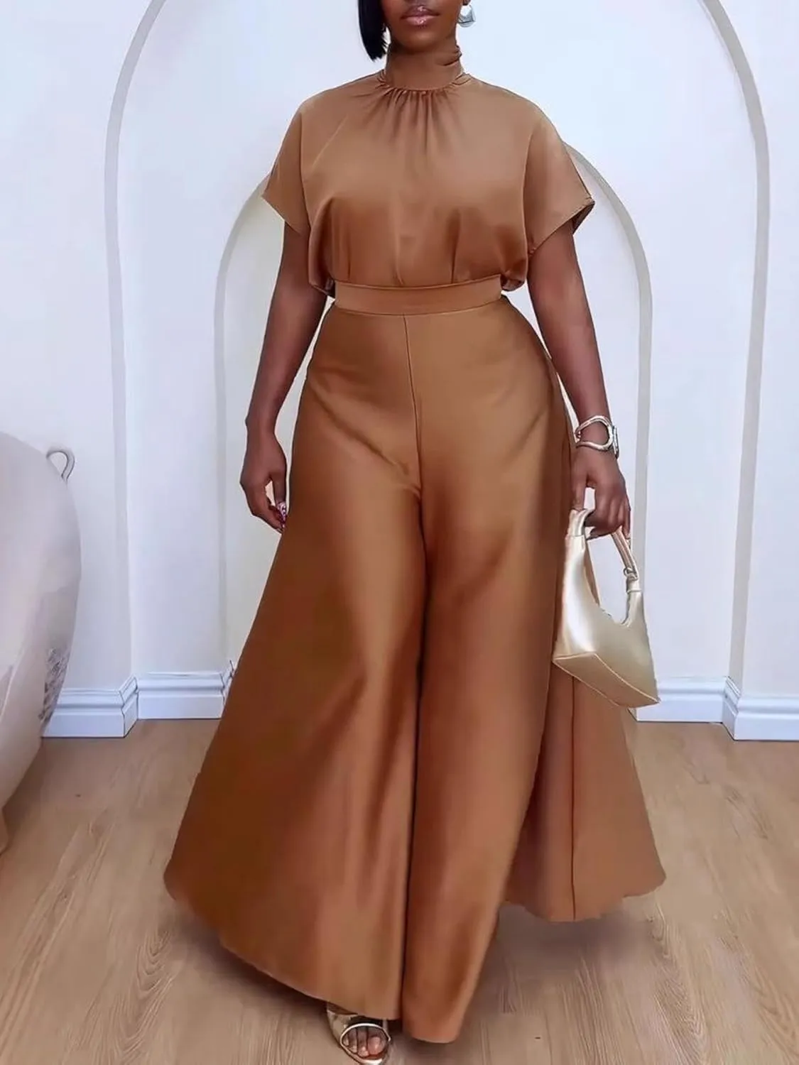 Ptorlio Elegant Women 2 Piece Outfit Satin Wide Leg Pants Short Sleeve Blouses Going Out Set