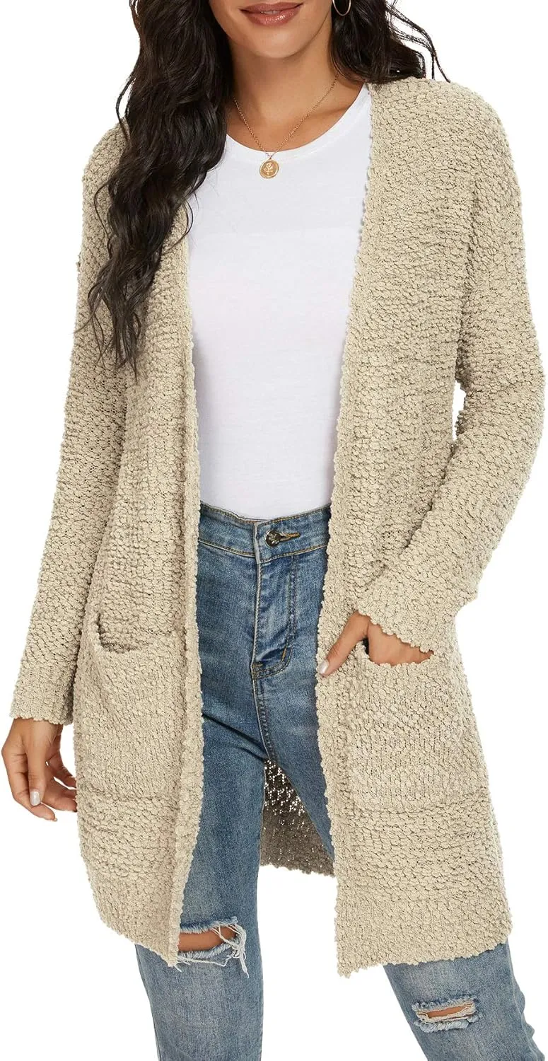 QIXING Women's Casual Open Front Cardigans Long Sleeve Chunky Knit Sweater Coat with Pockets