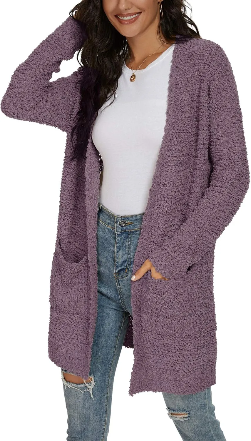QIXING Women's Casual Open Front Cardigans Long Sleeve Chunky Knit Sweater Coat with Pockets