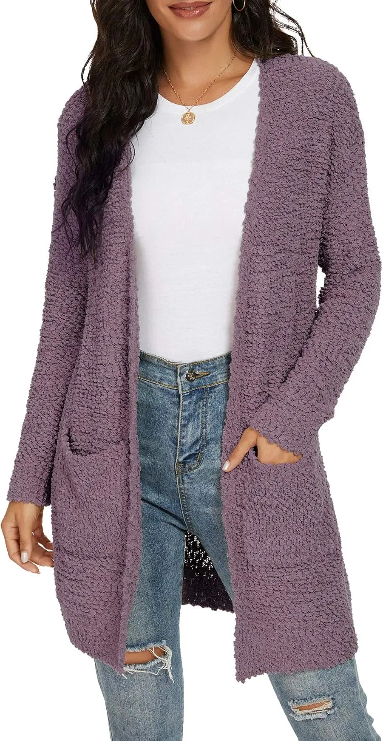 QIXING Women's Casual Open Front Cardigans Long Sleeve Chunky Knit Sweater Coat with Pockets