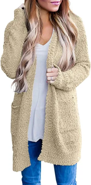 QIXING Women's Casual Open Front Cardigans Long Sleeve Chunky Knit Sweater Coat with Pockets