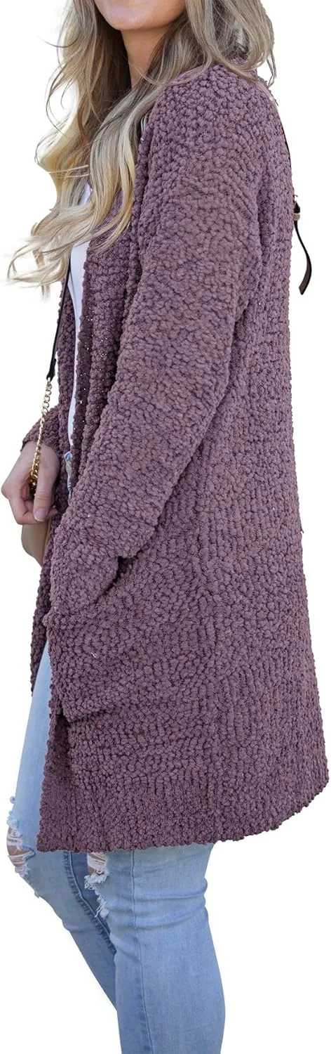 QIXING Women's Casual Open Front Cardigans Long Sleeve Chunky Knit Sweater Coat with Pockets