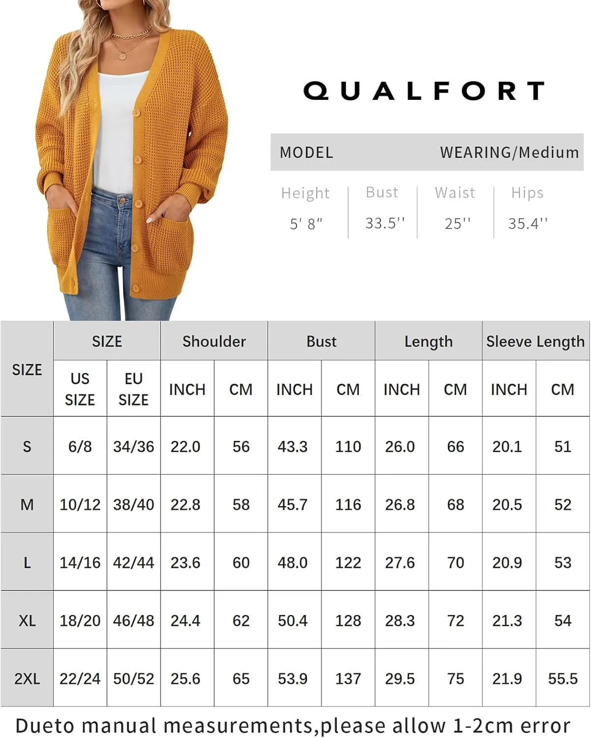 QUALFORT Women's Cardigan Sweater 100% Cotton Button-Down Long Sleeve Oversized Knit Cardigans with Pockets