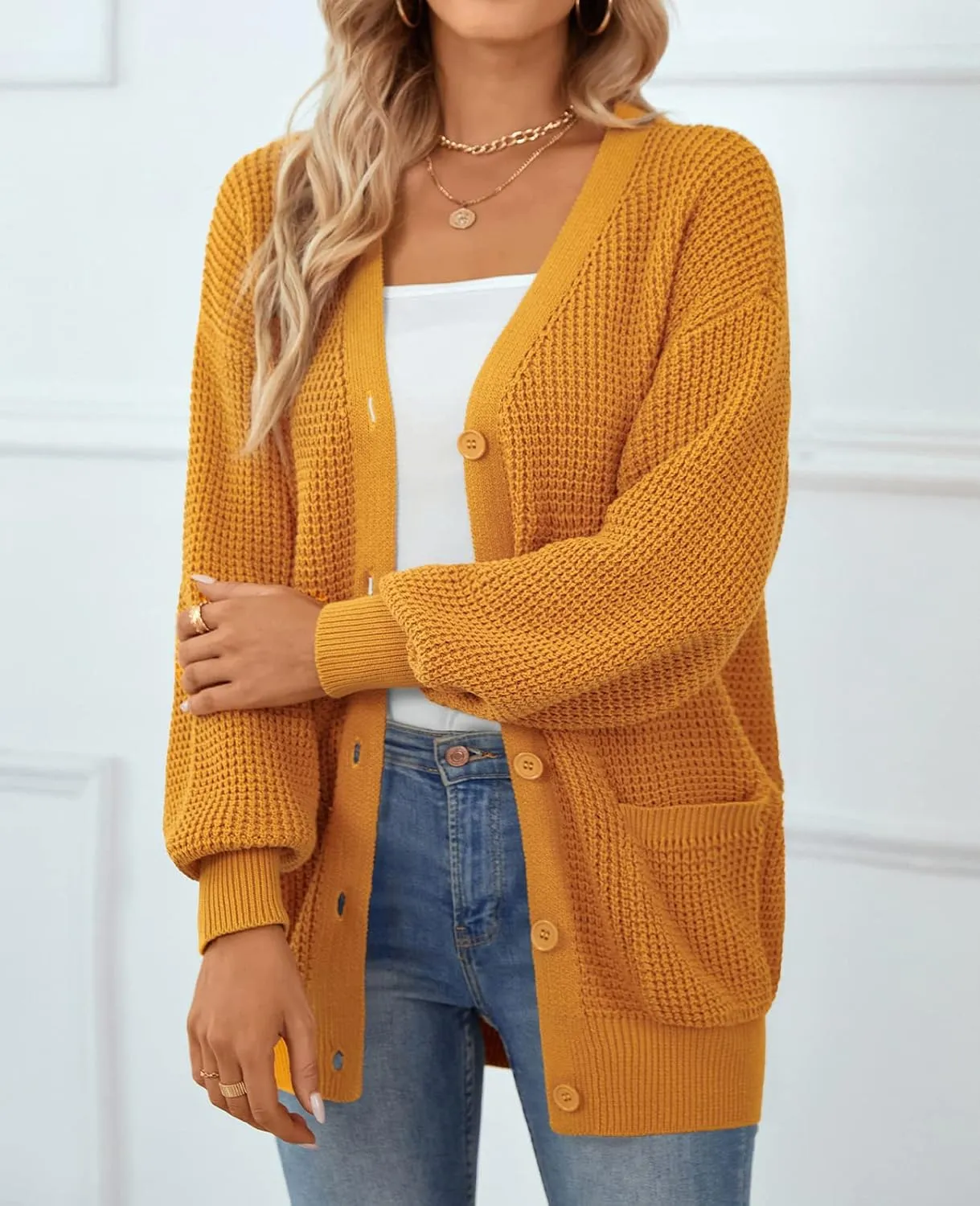 QUALFORT Women's Cardigan Sweater 100% Cotton Button-Down Long Sleeve Oversized Knit Cardigans with Pockets