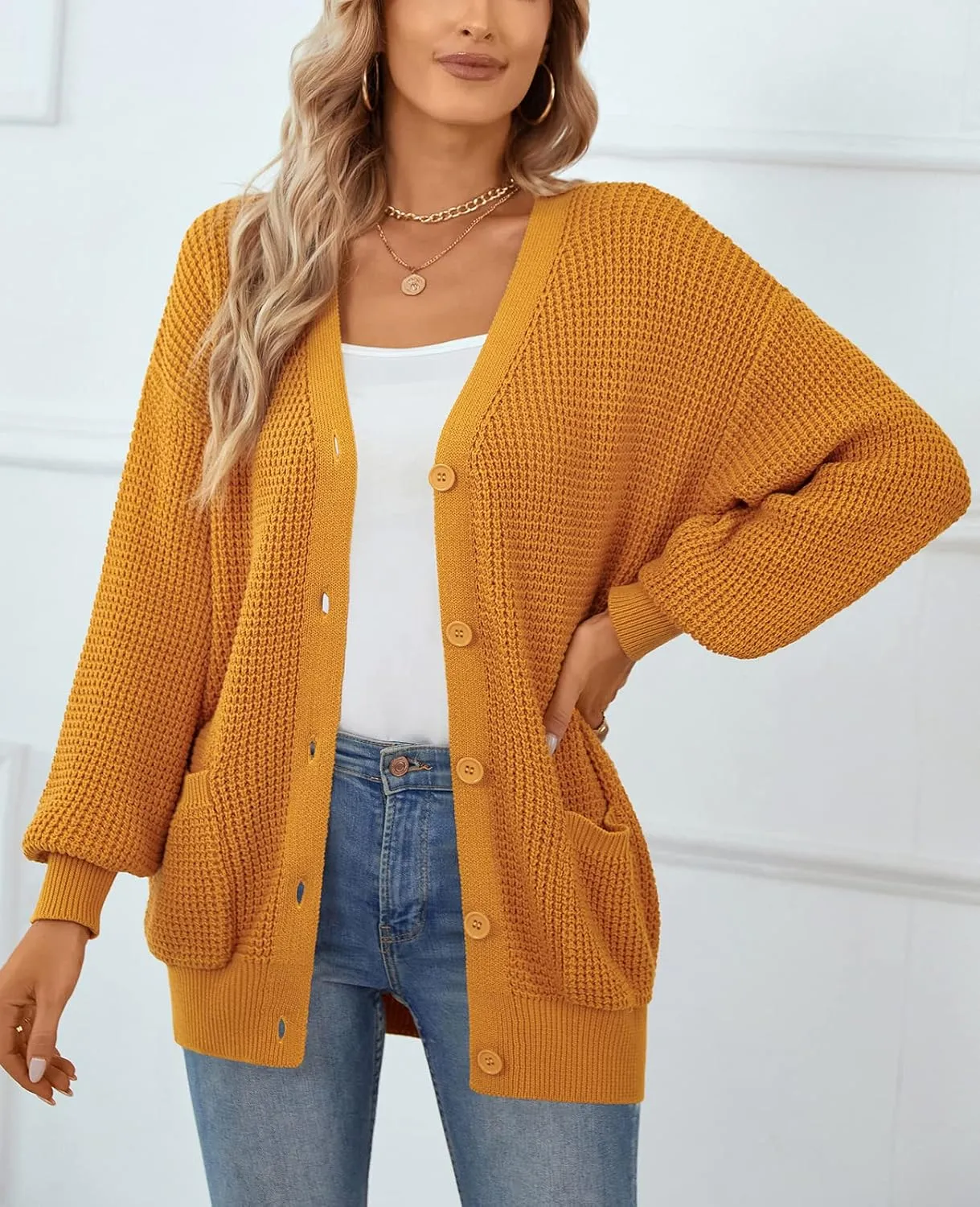 QUALFORT Women's Cardigan Sweater 100% Cotton Button-Down Long Sleeve Oversized Knit Cardigans with Pockets