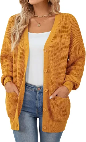 QUALFORT Women's Cardigan Sweater 100% Cotton Button-Down Long Sleeve Oversized Knit Cardigans with Pockets