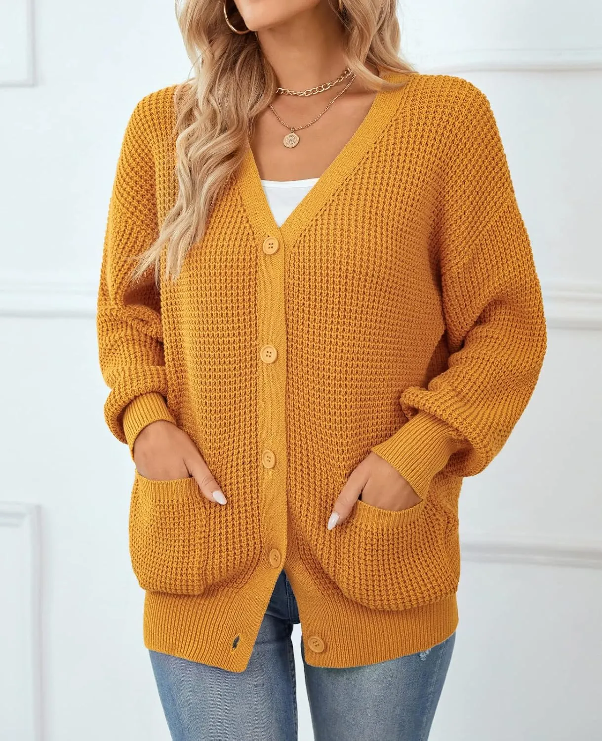 QUALFORT Women's Cardigan Sweater 100% Cotton Button-Down Long Sleeve Oversized Knit Cardigans with Pockets