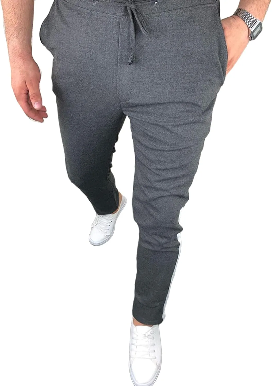 Rela Bota Mens Fashion Striped Pants Casual Dress Chino Elastic Drawstring Slim Fit Trousers Comfy Sweatpants