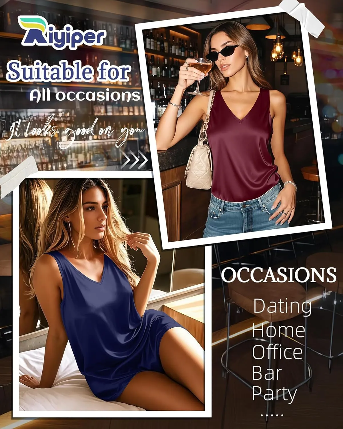 Riyiper 3 Pack Women's Silk Satin Tank Tops, Sleeveless V Neck Cami Summer Casual Camisole Loose Fit Basic Blouses Shirt