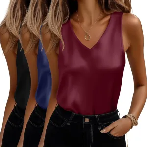Riyiper 3 Pack Women's Silk Satin Tank Tops, Sleeveless V Neck Cami Summer Casual Camisole Loose Fit Basic Blouses Shirt