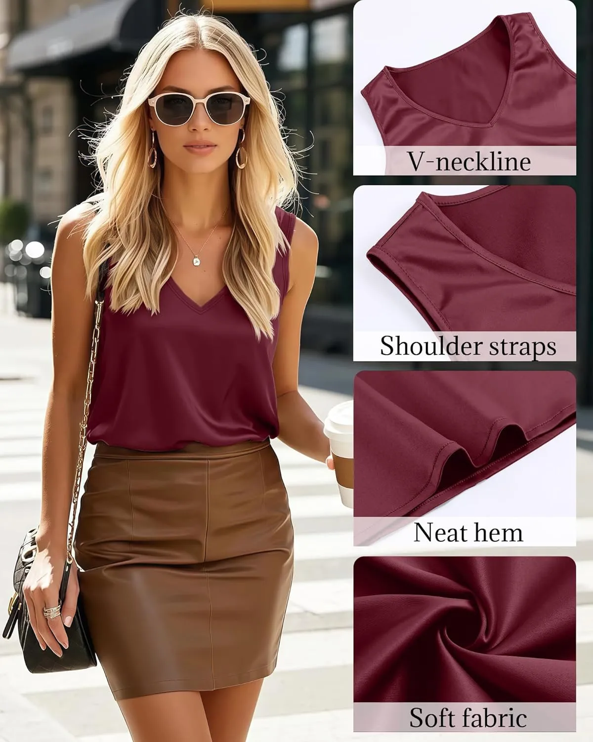 Riyiper 3 Pack Women's Silk Satin Tank Tops, Sleeveless V Neck Cami Summer Casual Camisole Loose Fit Basic Blouses Shirt