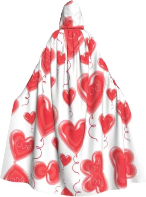Romantic Red Heart Print Long Cape Unisex Cloak With Hood Halloween Costume Cloak Adult Vampire Witch Cape