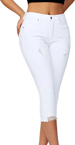 roswear Women's Capri Pants Mid Rise Skinny Ripped Stretchy Cropped Distressed Jeans
