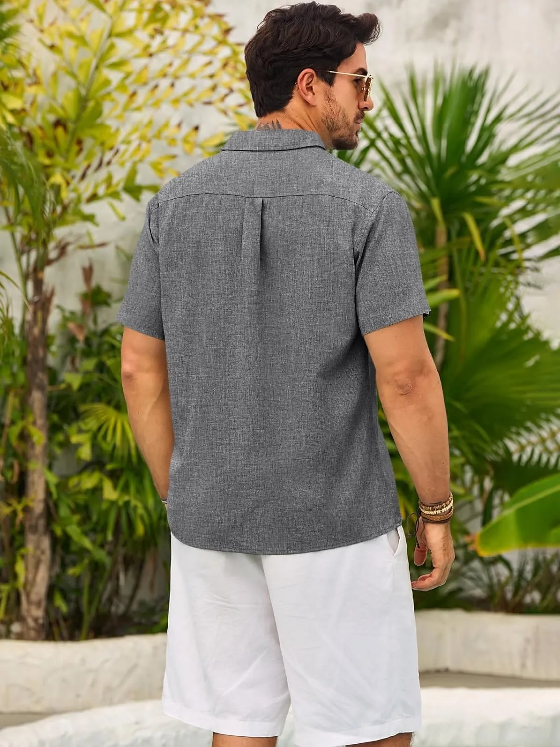 Runcati Mens Guayabera Shirts Button Down Cuban Casual Short Sleeve Shirt Summer Linen Beach Mexican Wedding Tops