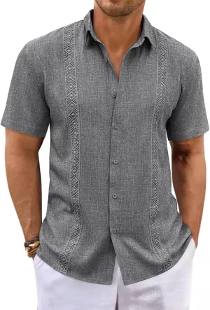 Runcati Mens Guayabera Shirts Button Down Cuban Casual Short Sleeve Shirt Summer Linen Beach Mexican Wedding Tops