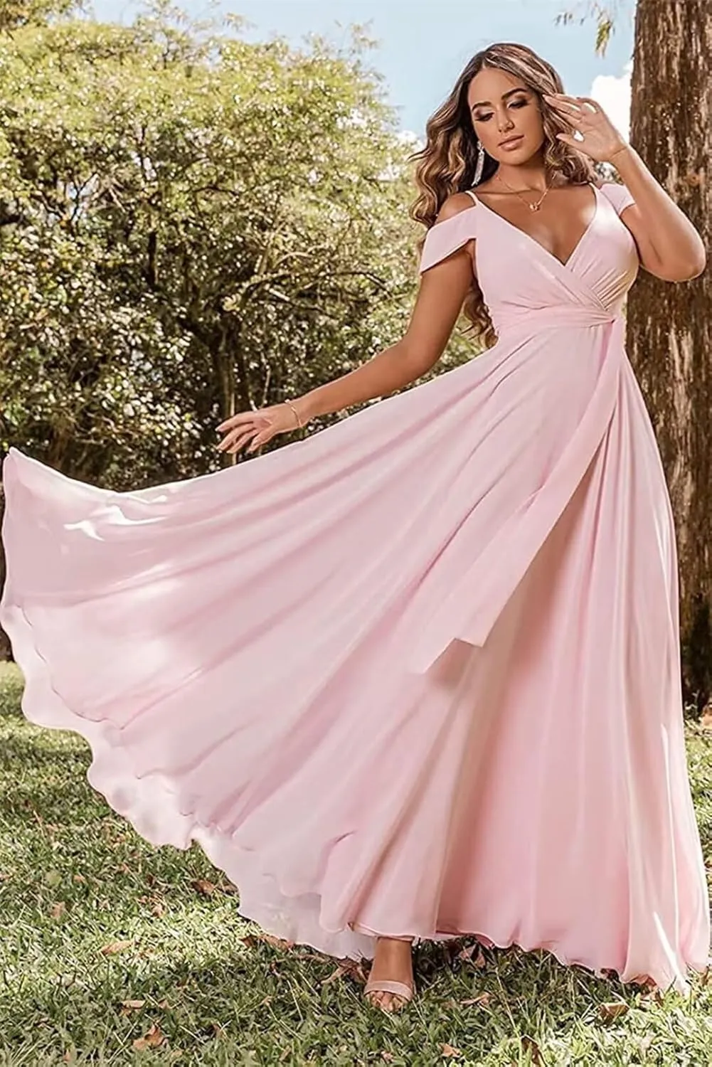 RYANTH Women's Chiffon Cold Shoulder Bridesmaid Dresses for Wedding Dress Formal Evening Ball Gown RYZ18