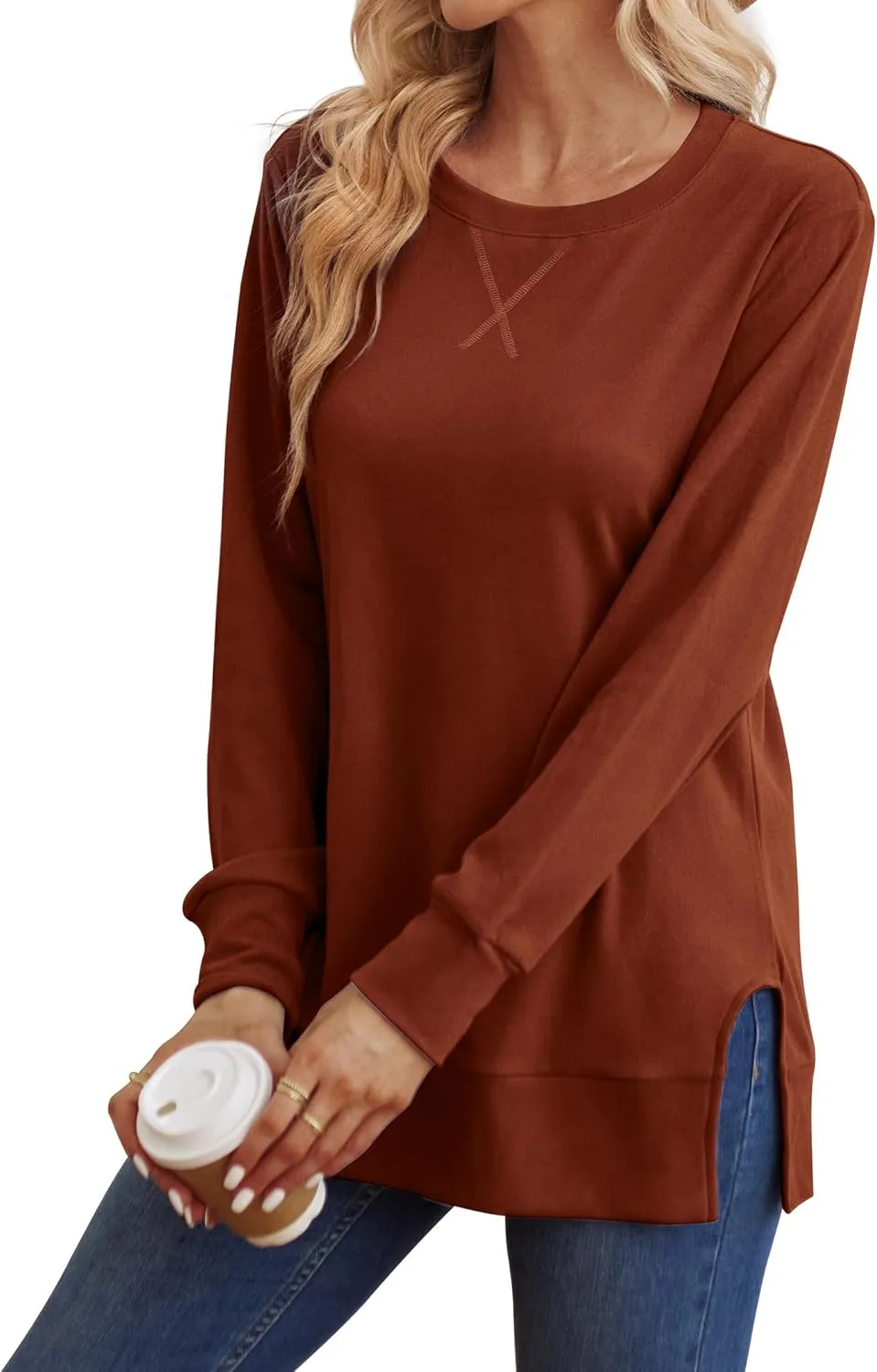 Saloogoe Sweatshirt for women Side Split Fall Fashion 2025 Long Sleeve Shirts Trending Now