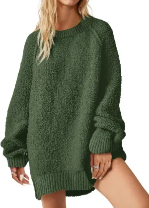 Saodimallsu Womens Oversized Sweater 2024 Fall Trendy Fuzzy Crew Neck Long Sleeve Casual Tunic Sweaters Green