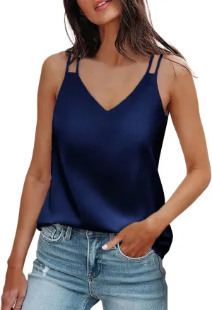 Satin Tank Tops for Women Loose Fit Sleeveless V Neck Summer Cami Camisole Blouses Shirt