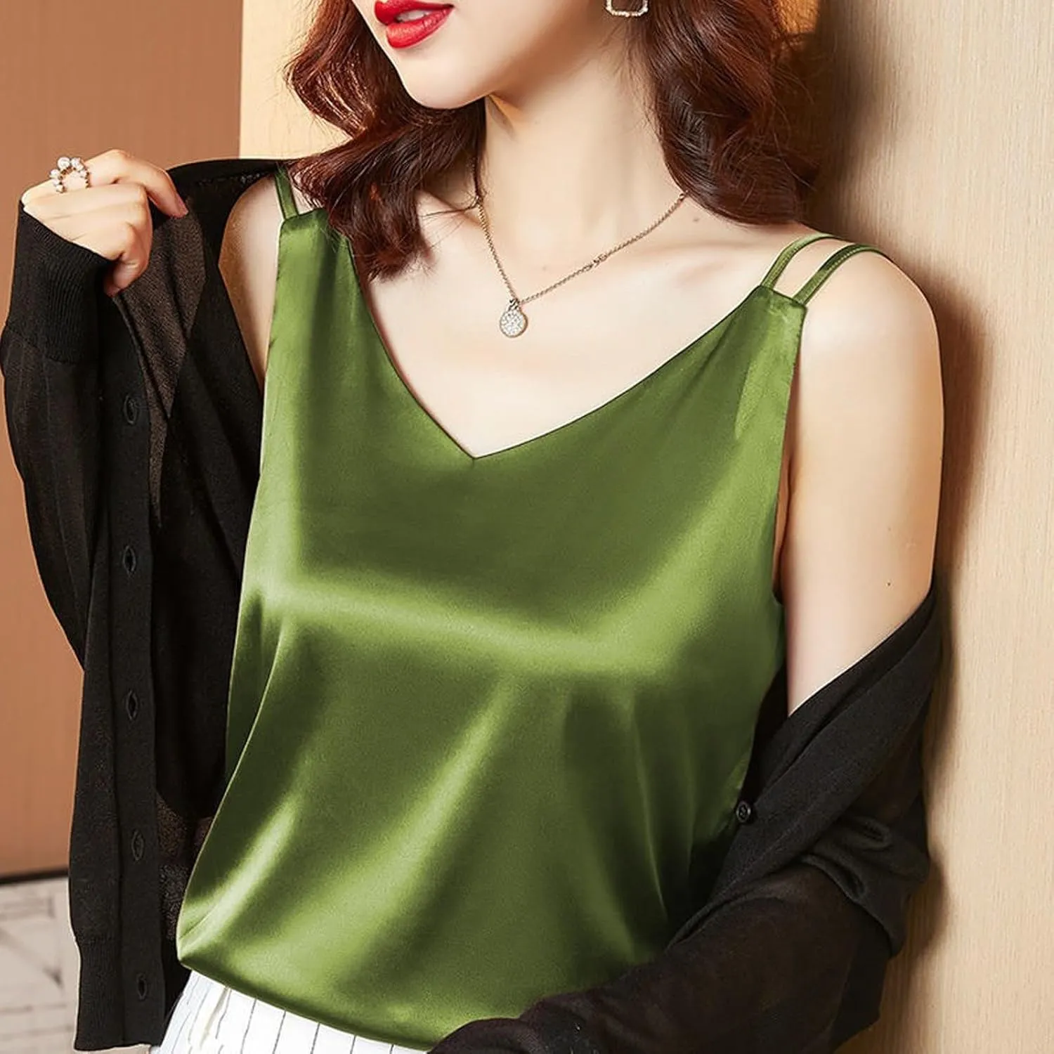 Satin Tank Tops for Women Loose Fit Sleeveless V Neck Summer Cami Camisole Blouses Shirt
