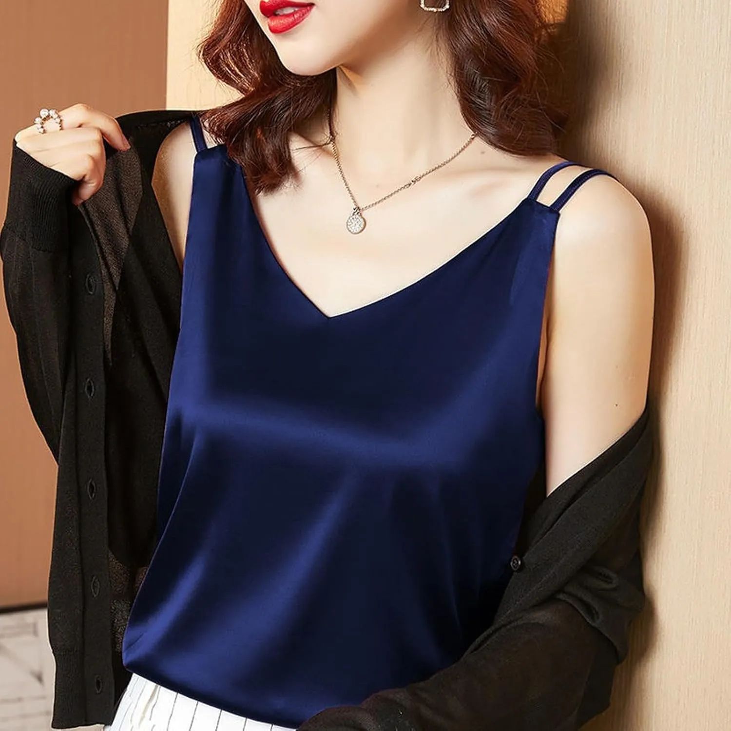 Satin Tank Tops for Women Loose Fit Sleeveless V Neck Summer Cami Camisole Blouses Shirt