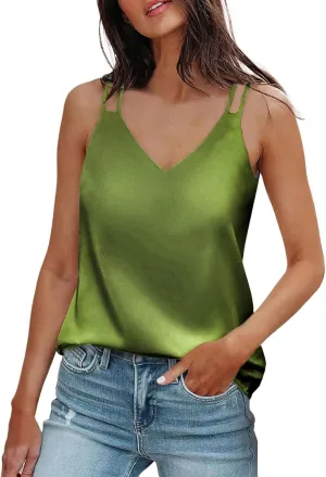 Satin Tank Tops for Women Loose Fit Sleeveless V Neck Summer Cami Camisole Blouses Shirt