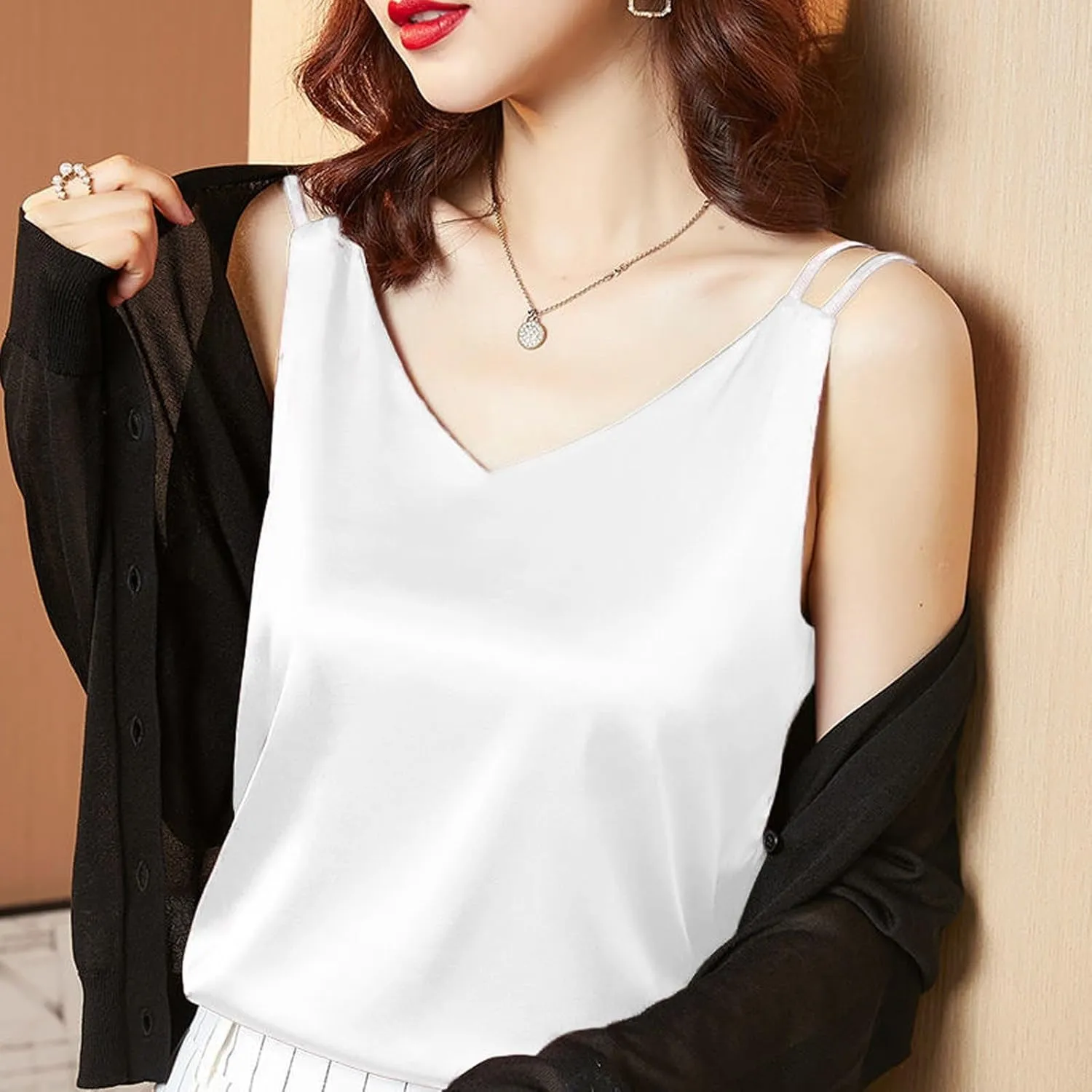 Satin Tank Tops for Women Loose Fit Sleeveless V Neck Summer Cami Camisole Blouses Shirt