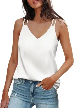 Satin Tank Tops for Women Loose Fit Sleeveless V Neck Summer Cami Camisole Blouses Shirt