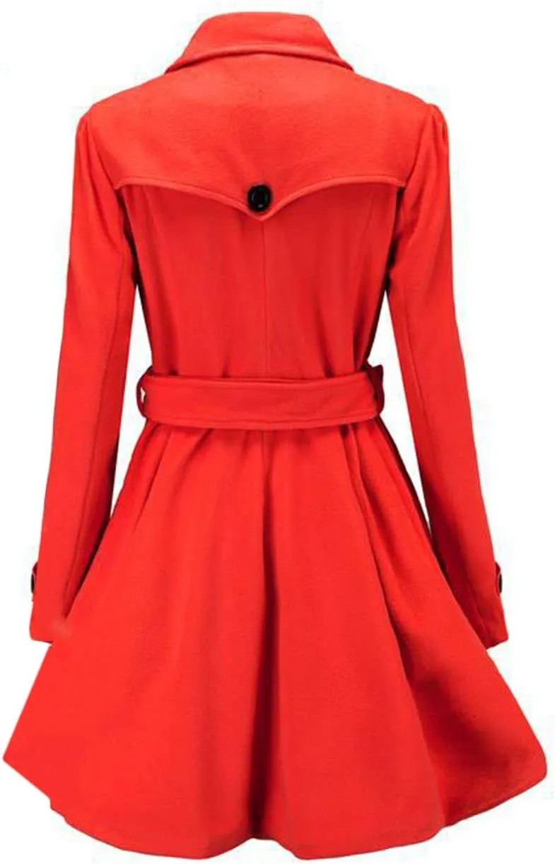 Sexyshine Women's Winter Double Breasted Dress Coats Winter Trench Jacket with Belt A-Line Mid Long Slim Flared Swing Peacoat