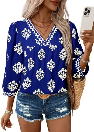 SHEWIN Women's Casual V Neck Floral Print Chiffon Blouses 3/4 Sleeve Boho Summer Tops Shirts