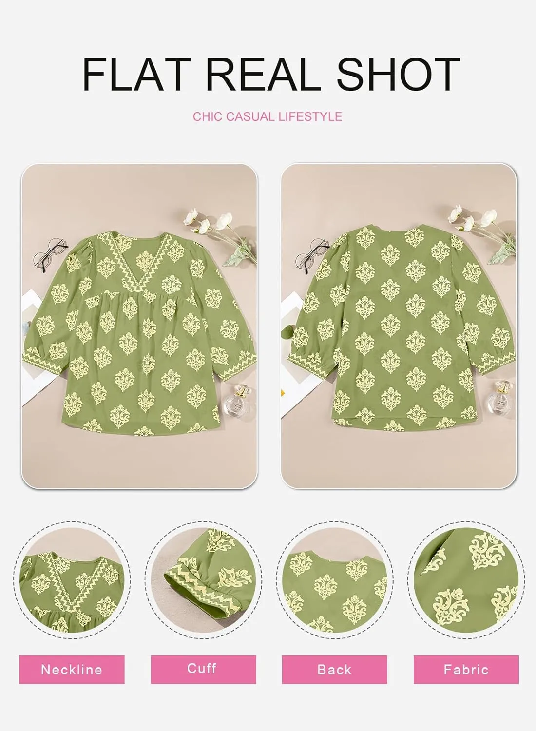 SHEWIN Women's Casual V Neck Floral Print Chiffon Blouses 3/4 Sleeve Boho Summer Tops Shirts