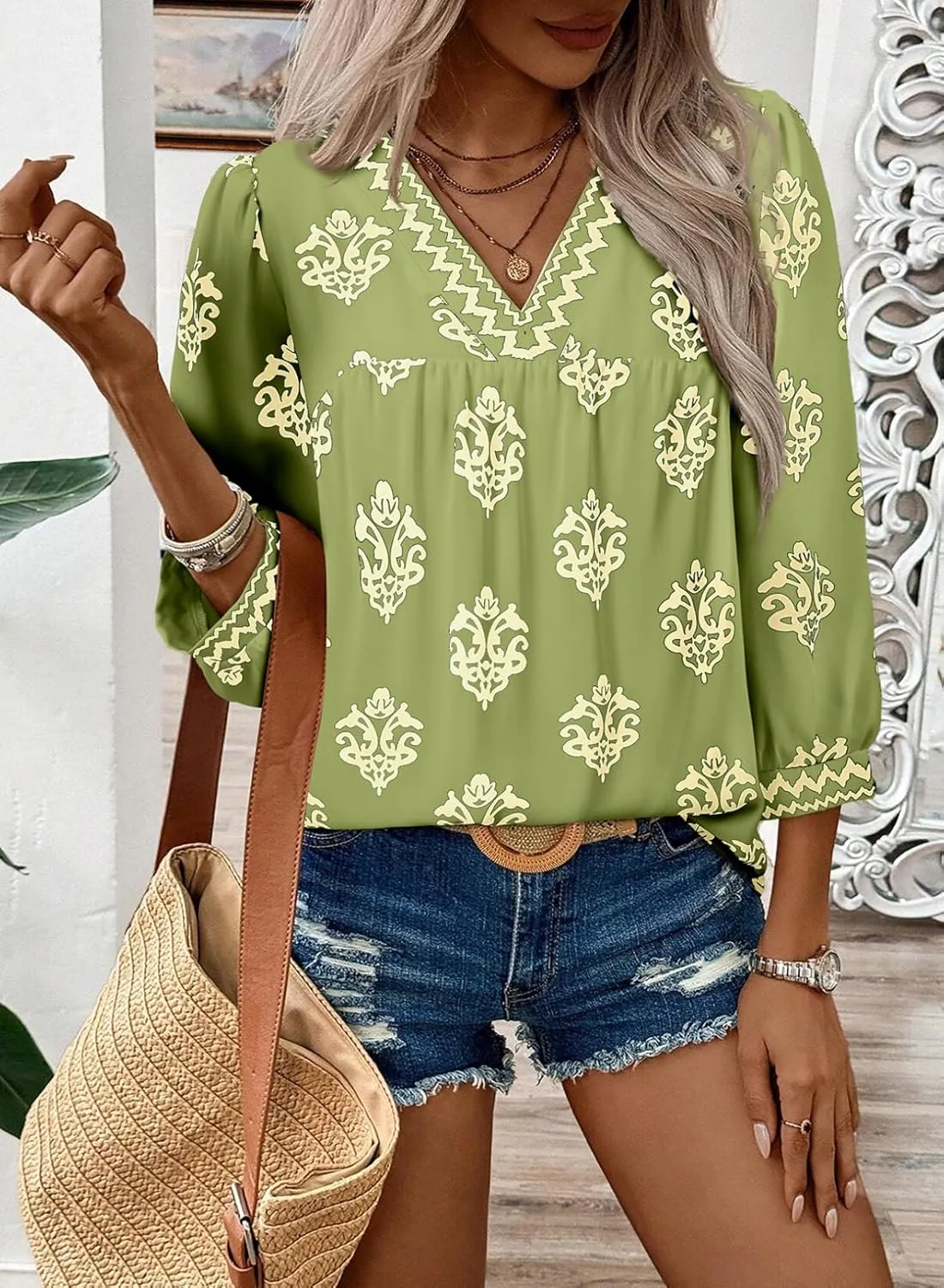 SHEWIN Women's Casual V Neck Floral Print Chiffon Blouses 3/4 Sleeve Boho Summer Tops Shirts