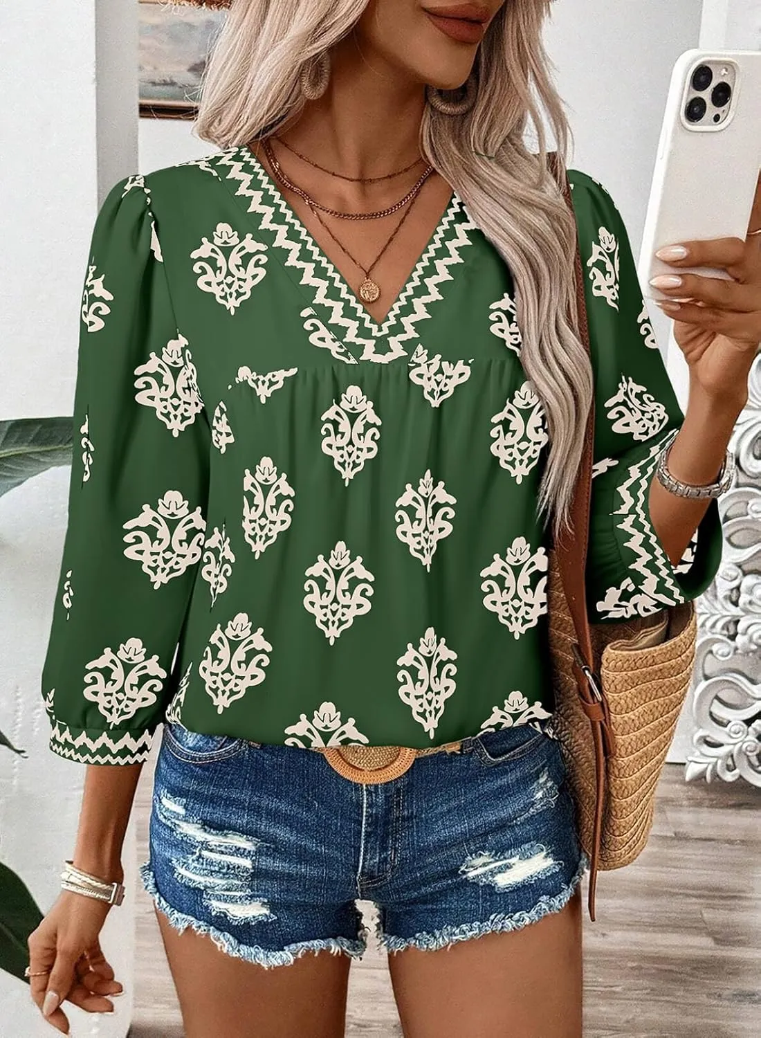 SHEWIN Women's Casual V Neck Floral Print Chiffon Blouses 3/4 Sleeve Boho Summer Tops Shirts