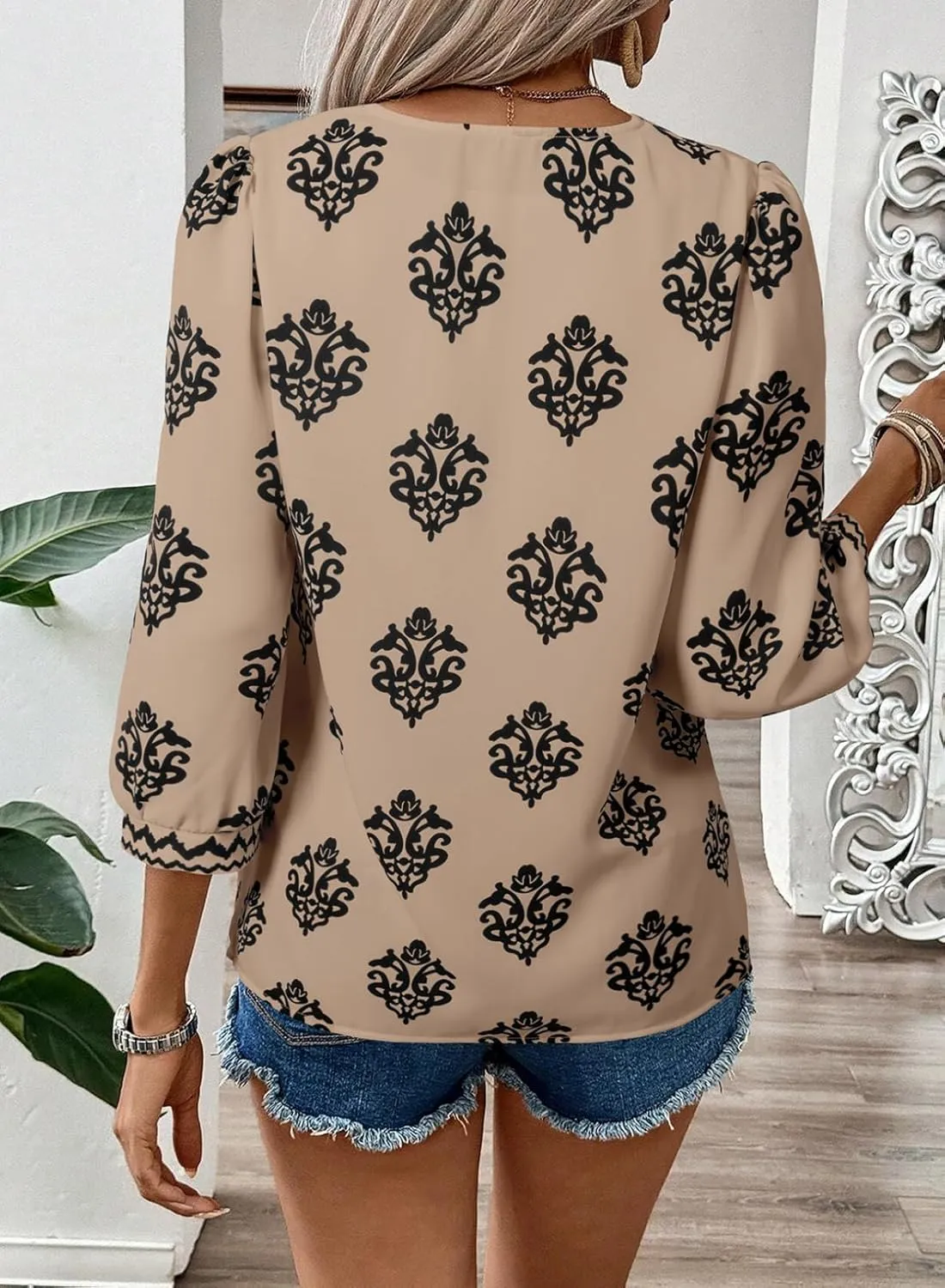 SHEWIN Women's Casual V Neck Floral Print Chiffon Blouses 3/4 Sleeve Boho Summer Tops Shirts
