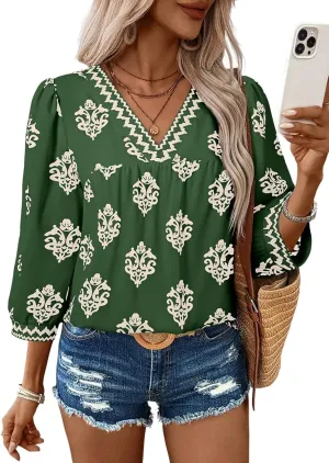 SHEWIN Women's Casual V Neck Floral Print Chiffon Blouses 3/4 Sleeve Boho Summer Tops Shirts