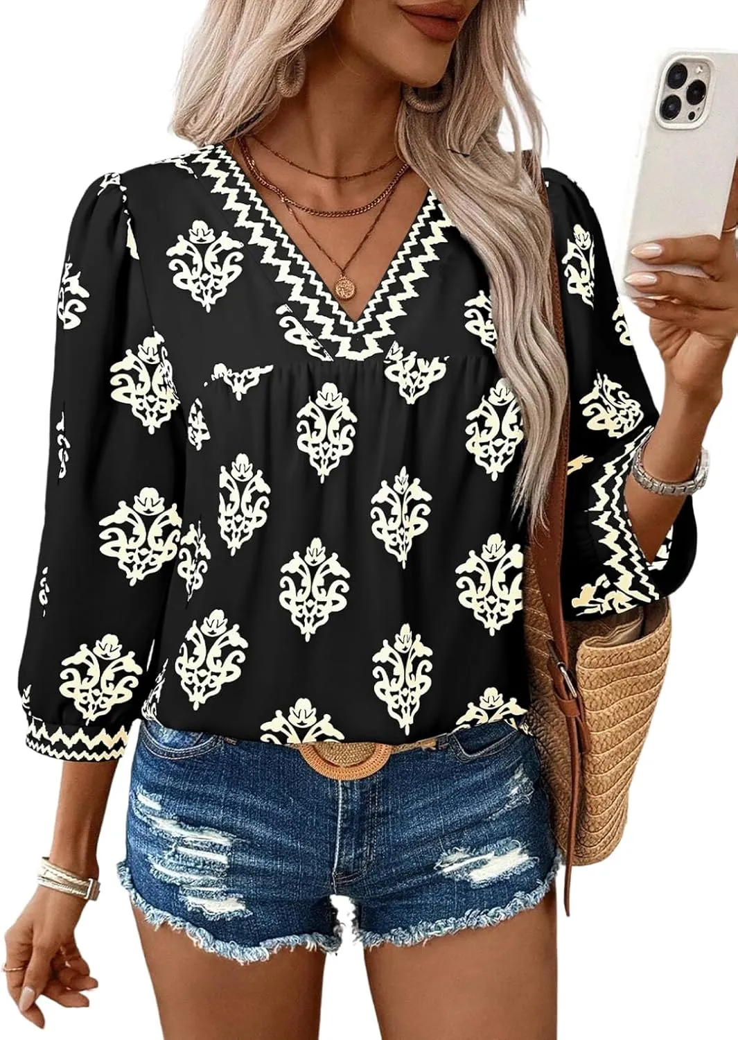 SHEWIN Women's Casual V Neck Floral Print Chiffon Blouses 3/4 Sleeve Boho Summer Tops Shirts