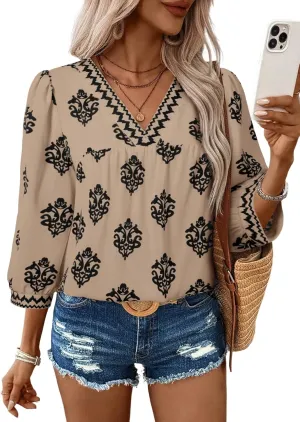 SHEWIN Women's Casual V Neck Floral Print Chiffon Blouses 3/4 Sleeve Boho Summer Tops Shirts