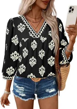 SHEWIN Women's Casual V Neck Floral Print Chiffon Blouses 3/4 Sleeve Boho Summer Tops Shirts