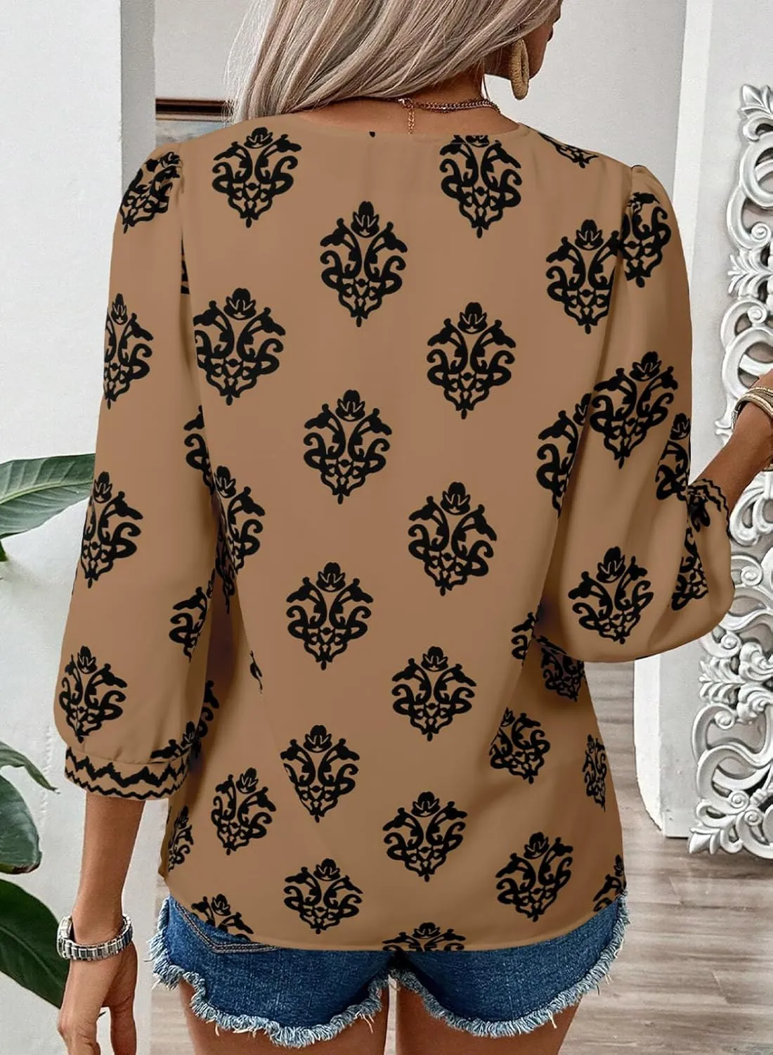 SHEWIN Women's Casual V Neck Floral Print Chiffon Blouses 3/4 Sleeve Boho Summer Tops Shirts
