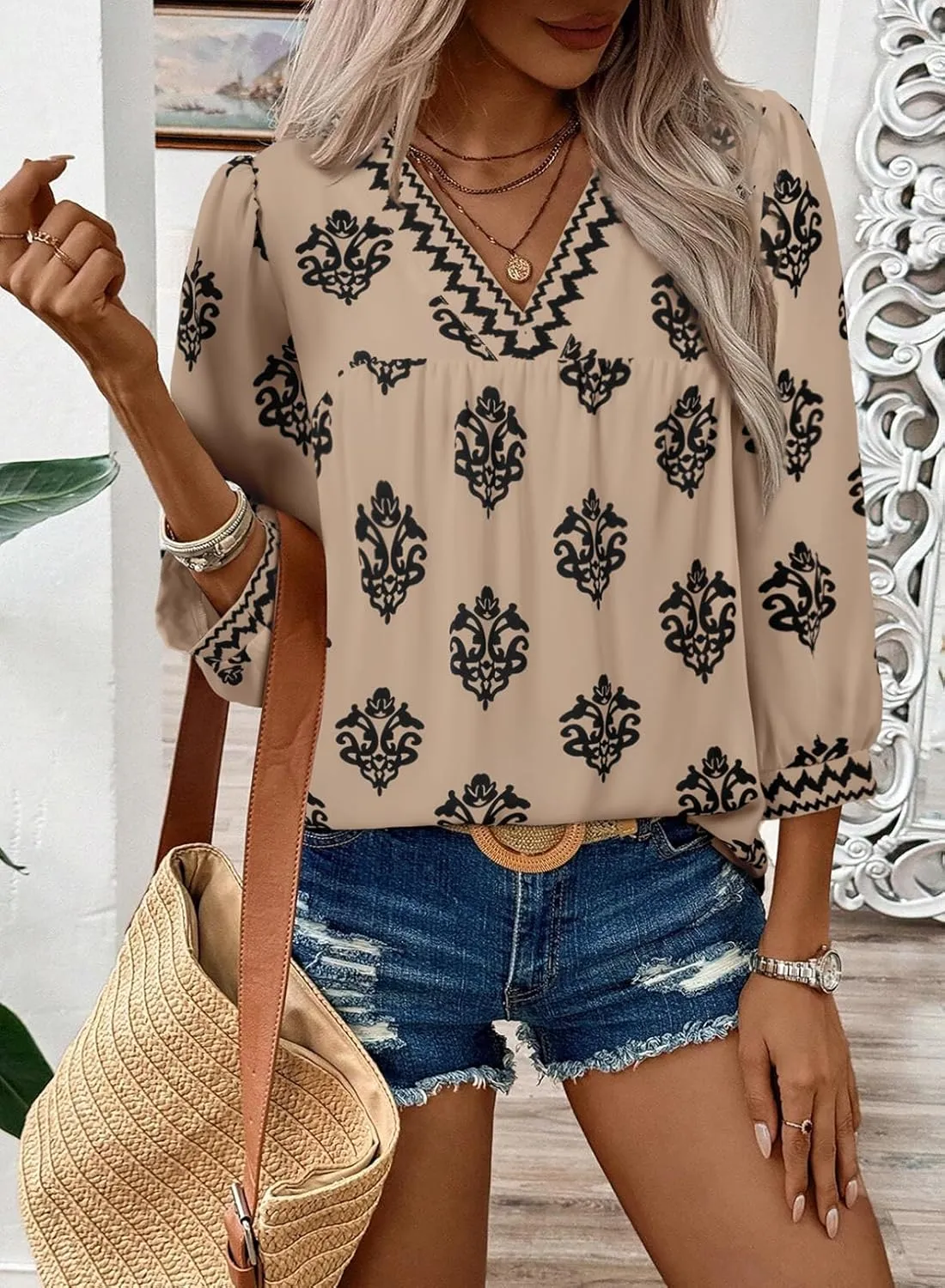 SHEWIN Women's Casual V Neck Floral Print Chiffon Blouses 3/4 Sleeve Boho Summer Tops Shirts