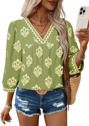 SHEWIN Women's Casual V Neck Floral Print Chiffon Blouses 3/4 Sleeve Boho Summer Tops Shirts