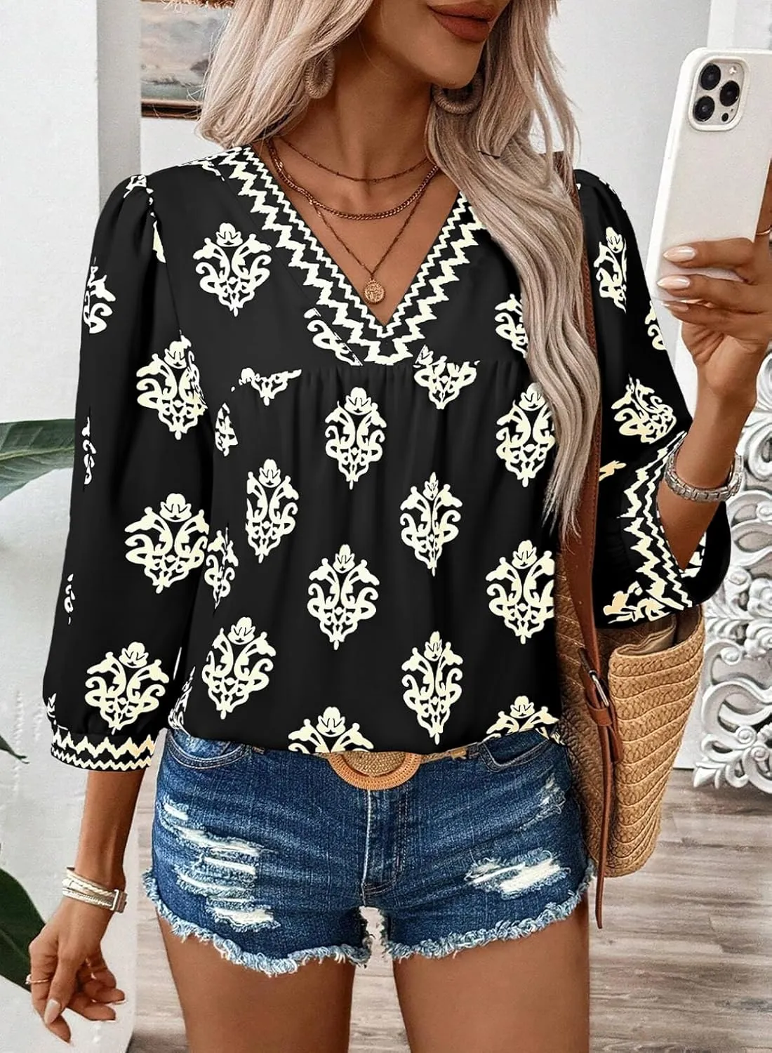 SHEWIN Women's Casual V Neck Floral Print Chiffon Blouses 3/4 Sleeve Boho Summer Tops Shirts