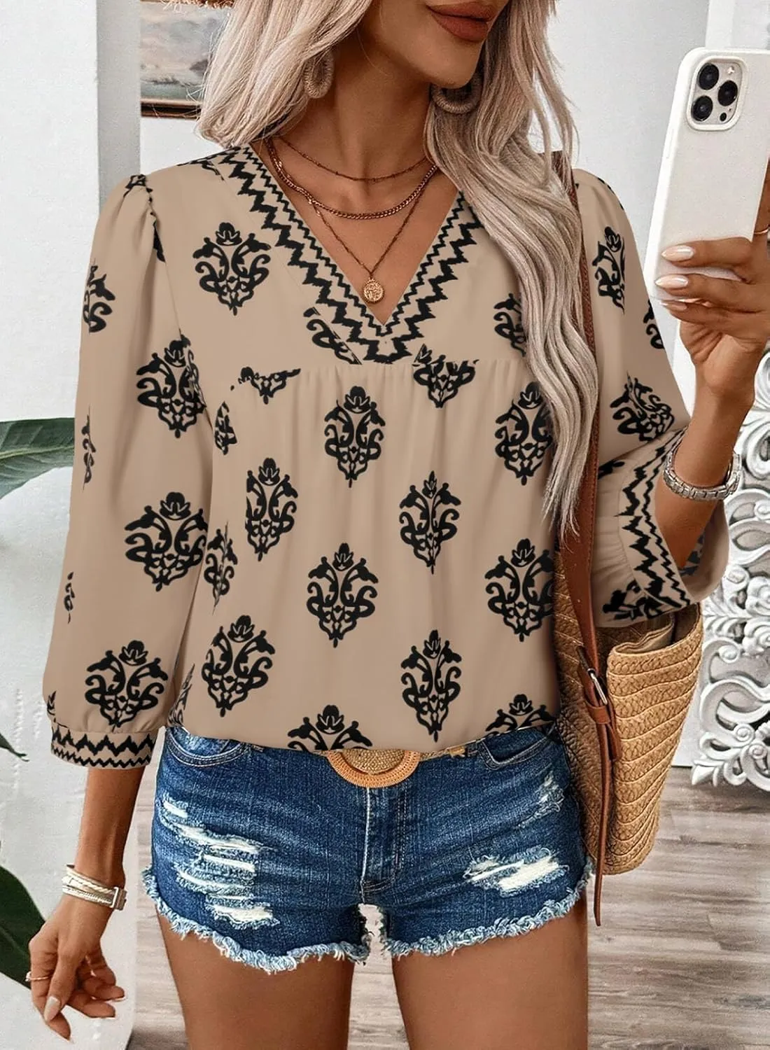 SHEWIN Women's Casual V Neck Floral Print Chiffon Blouses 3/4 Sleeve Boho Summer Tops Shirts